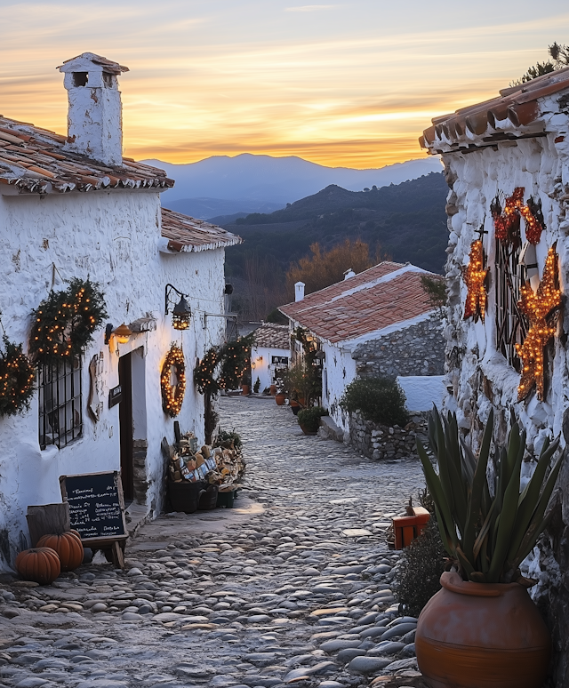 Charming Cobblestone Street at Sunset