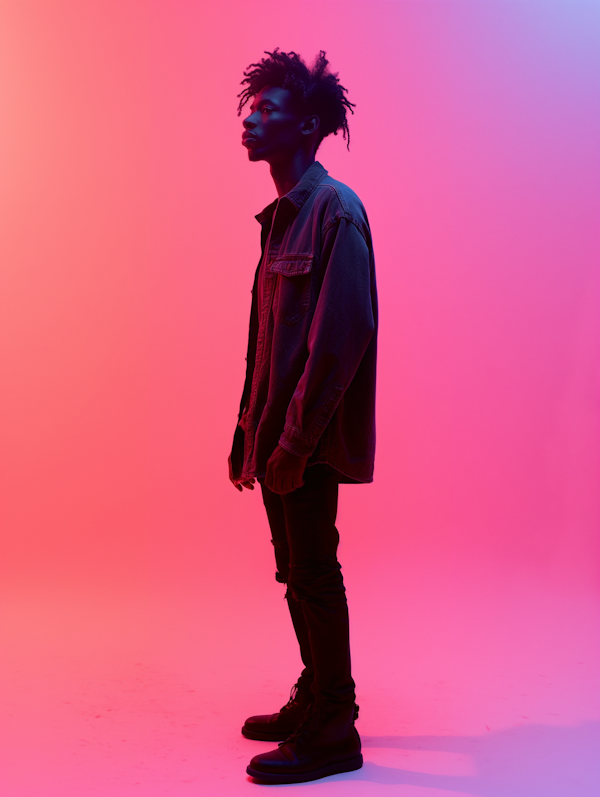 Contemplative Young Man Against Pink and Blue Backdrop