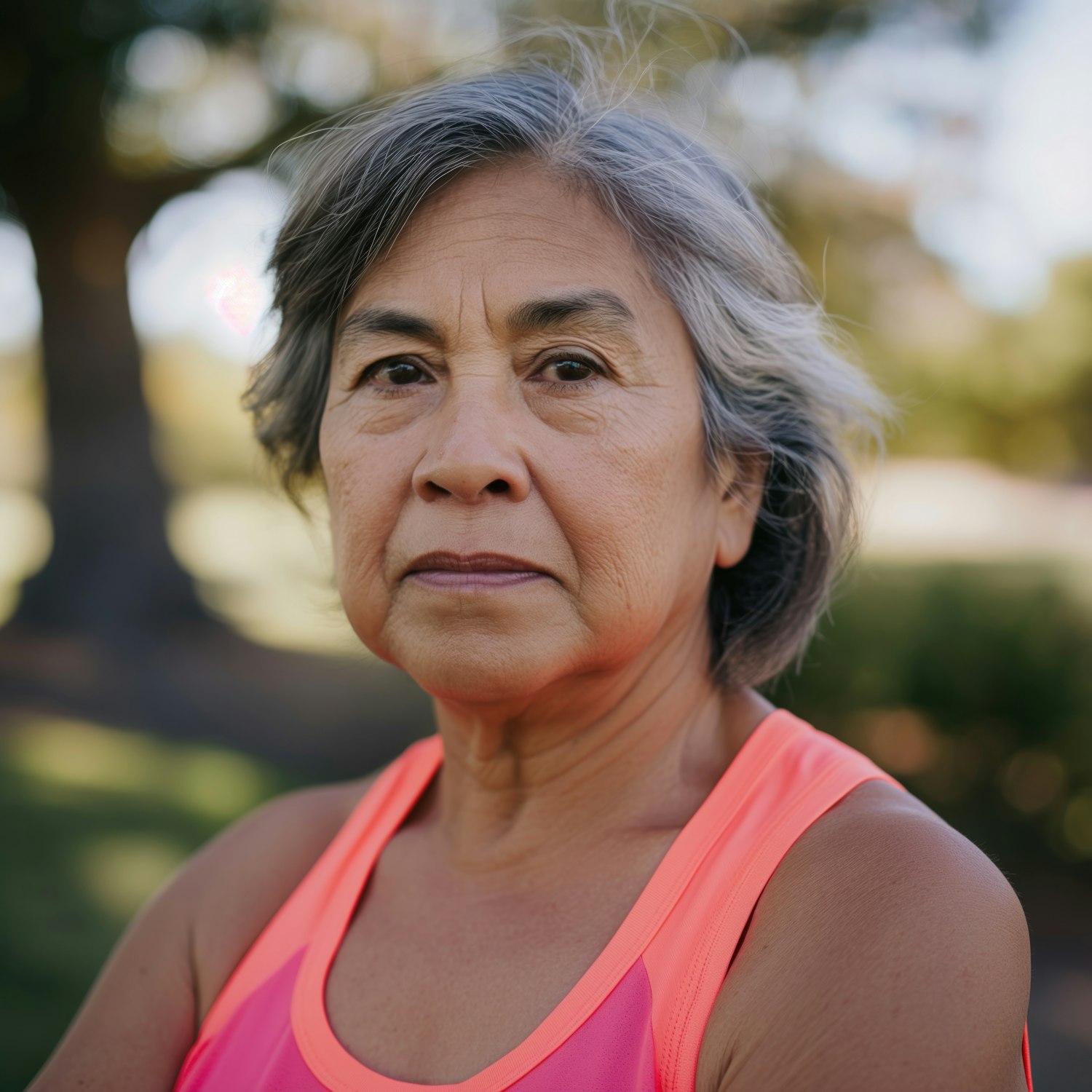 Confident Older Woman in Pink Athletic Top