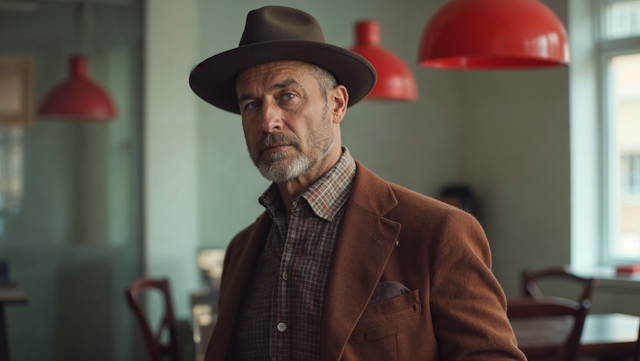 Thoughtful Man in Brown Hat and Blazer