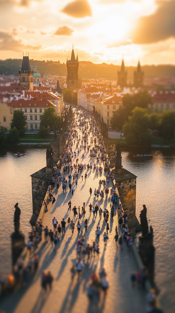 Sunset Crowds on Historical Bridge