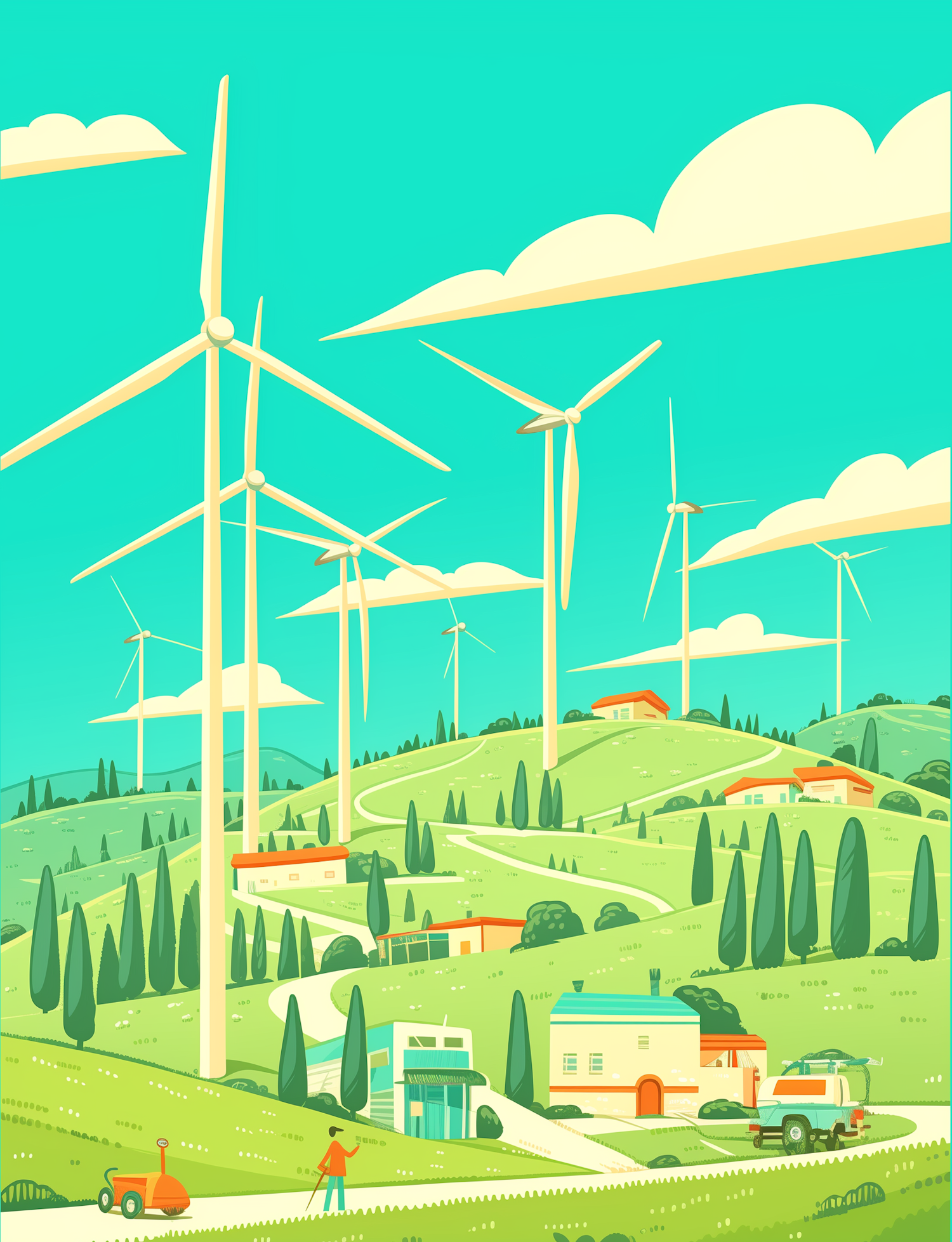 Serene Pastoral Landscape with Wind Turbines