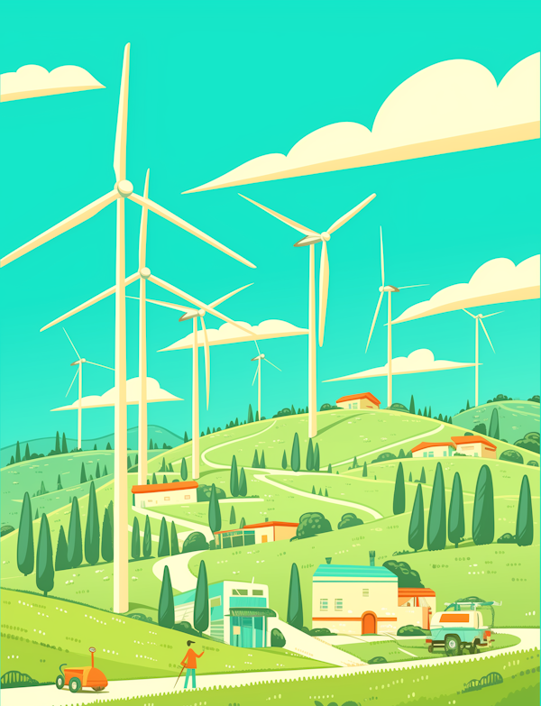 Serene Pastoral Landscape with Wind Turbines