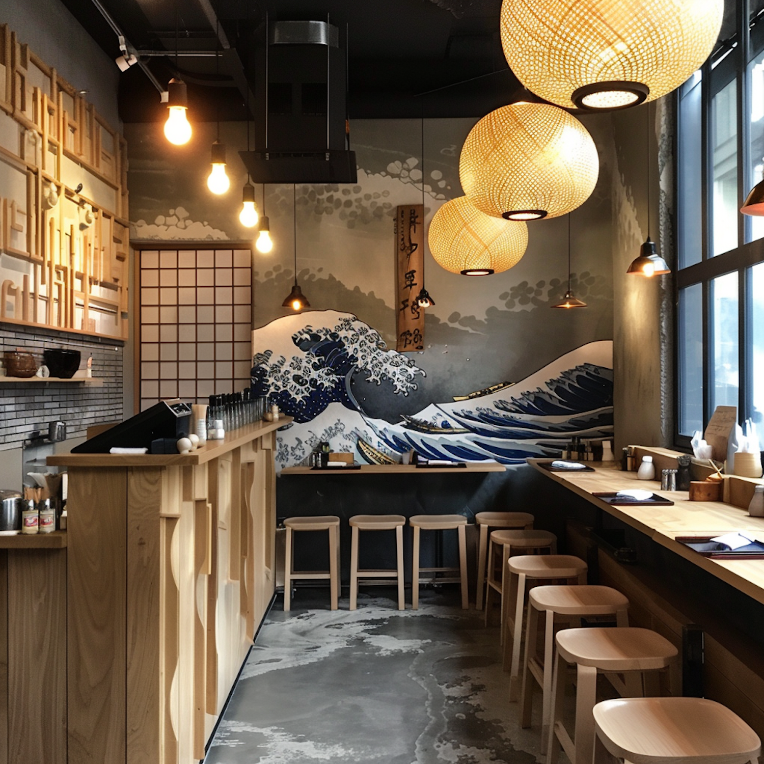 Stylish Café/Restaurant Interior with Japanese Ukiyo-e Mural