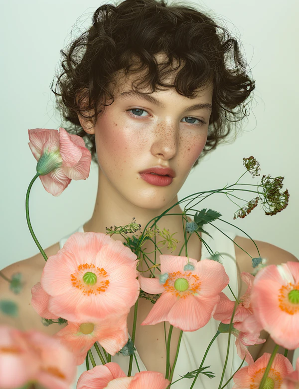 Serene Portrait with Pink Flowers