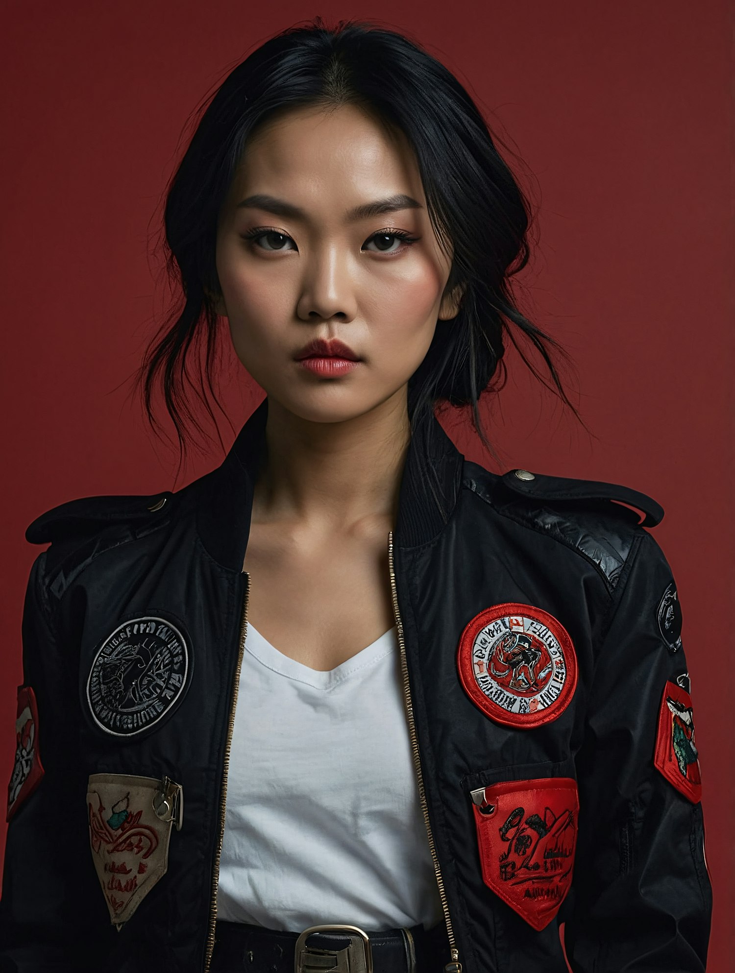 Woman in Black Jacket with Patches