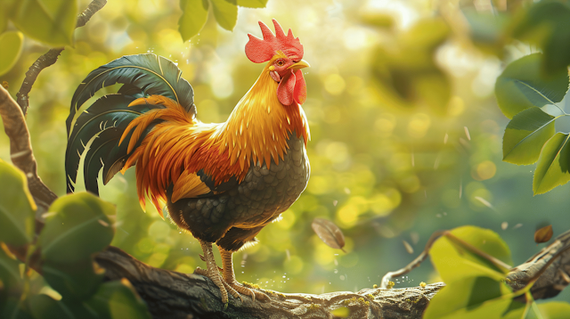 Vibrant Rooster in Sunlit Foliage