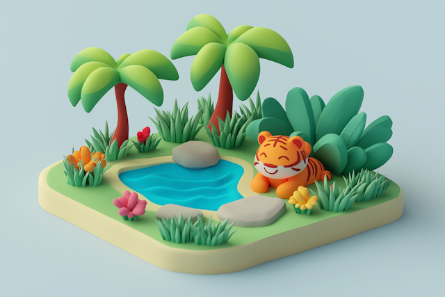 Cheerful Miniature Tiger Landscape Illustration