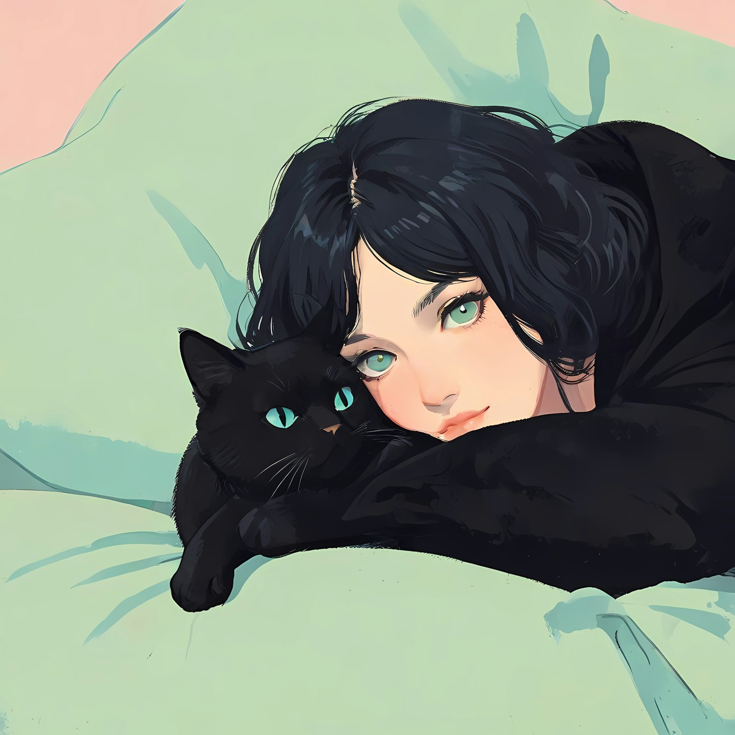 Woman and Cat with Matching Green Eyes