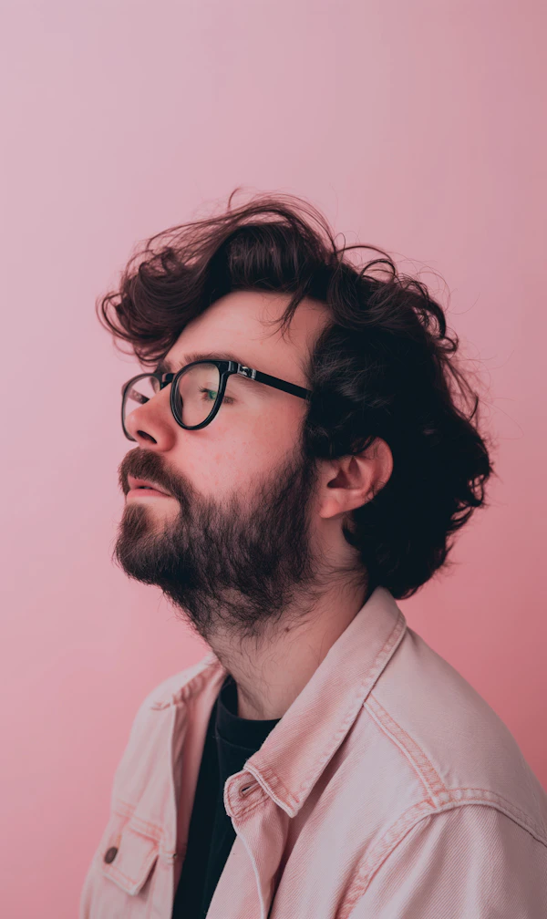 Contemplative Young Man with Fashionable Pink Attire