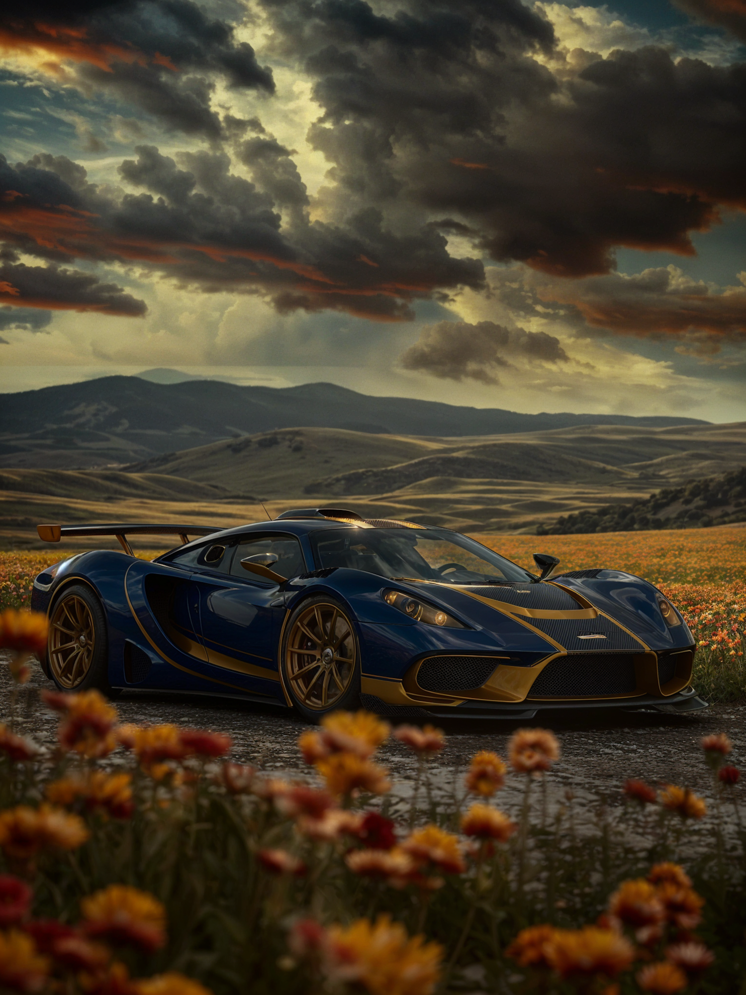 Blue and Gold Sports Car in Scenic Landscape