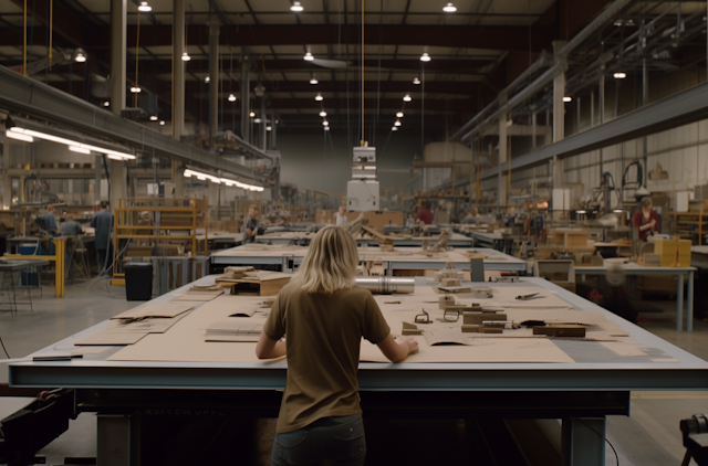 Blonde Craftsman in a Busy Wood Workshop