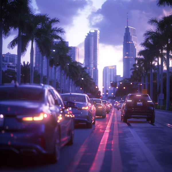 Twilight Cityscape with Rush Hour Traffic