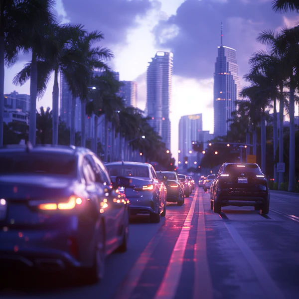 Twilight Cityscape with Rush Hour Traffic