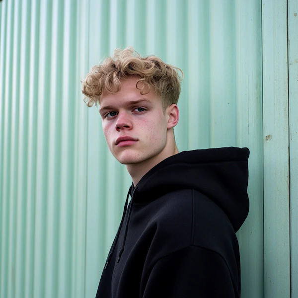 Contemplative Young Man Against Green Wall
