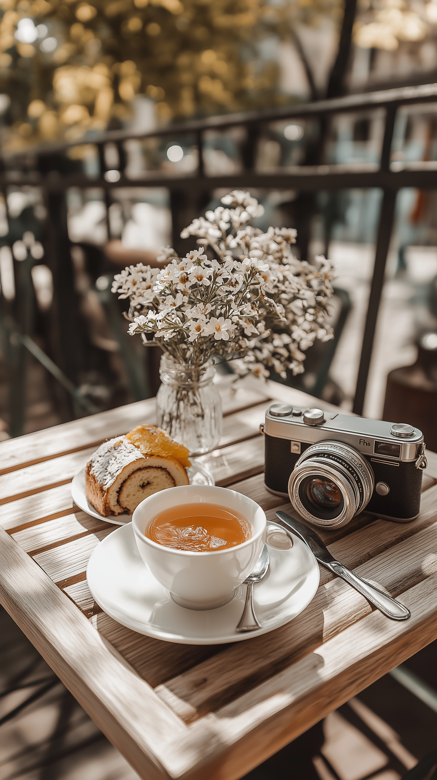 Serene Morning Break with Tea and Vintage Camera