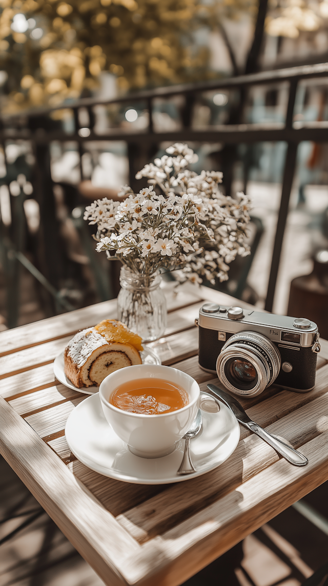 Serene Morning Break with Tea and Vintage Camera