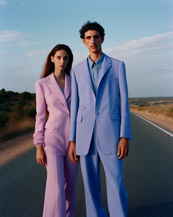 Elegant Duo in Pastel Suits on a Serene Road