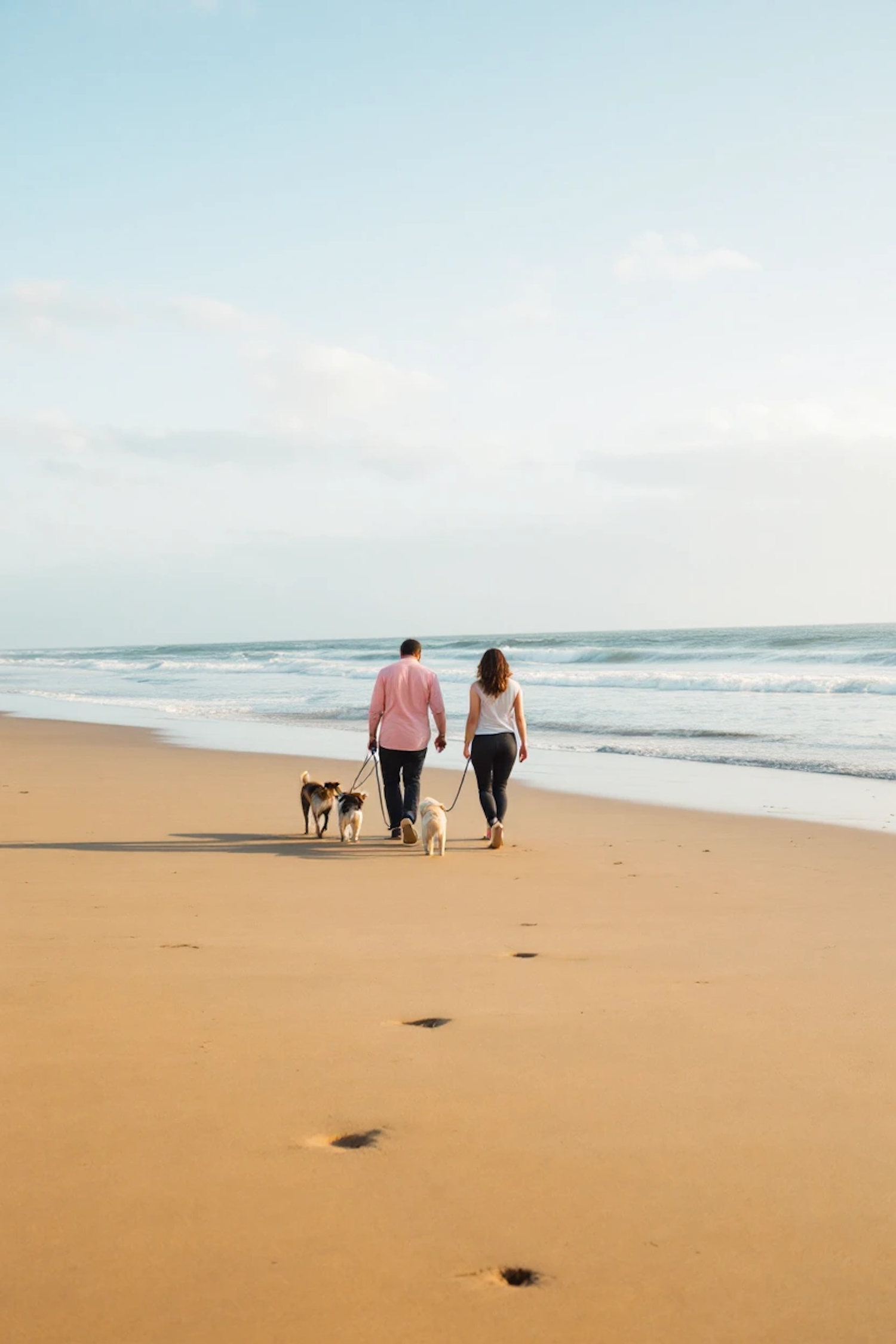 Couple Walking Dogs on Beach