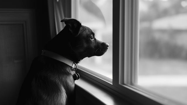 Contemplative Black Dog at Window