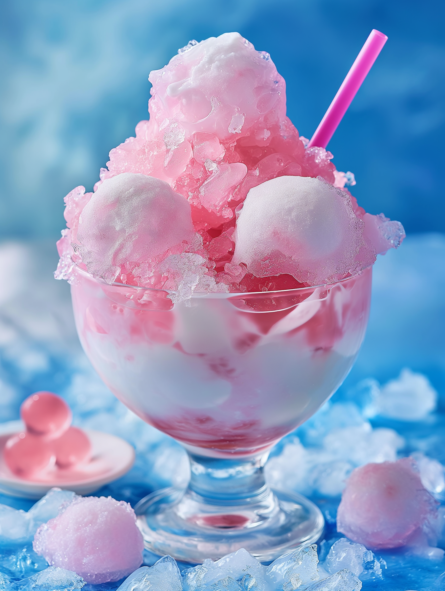 Pink Shaved Ice Dessert in Glass Bowl