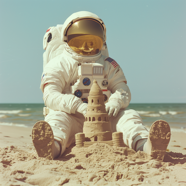 Astronaut's Beach Day with Sandcastle