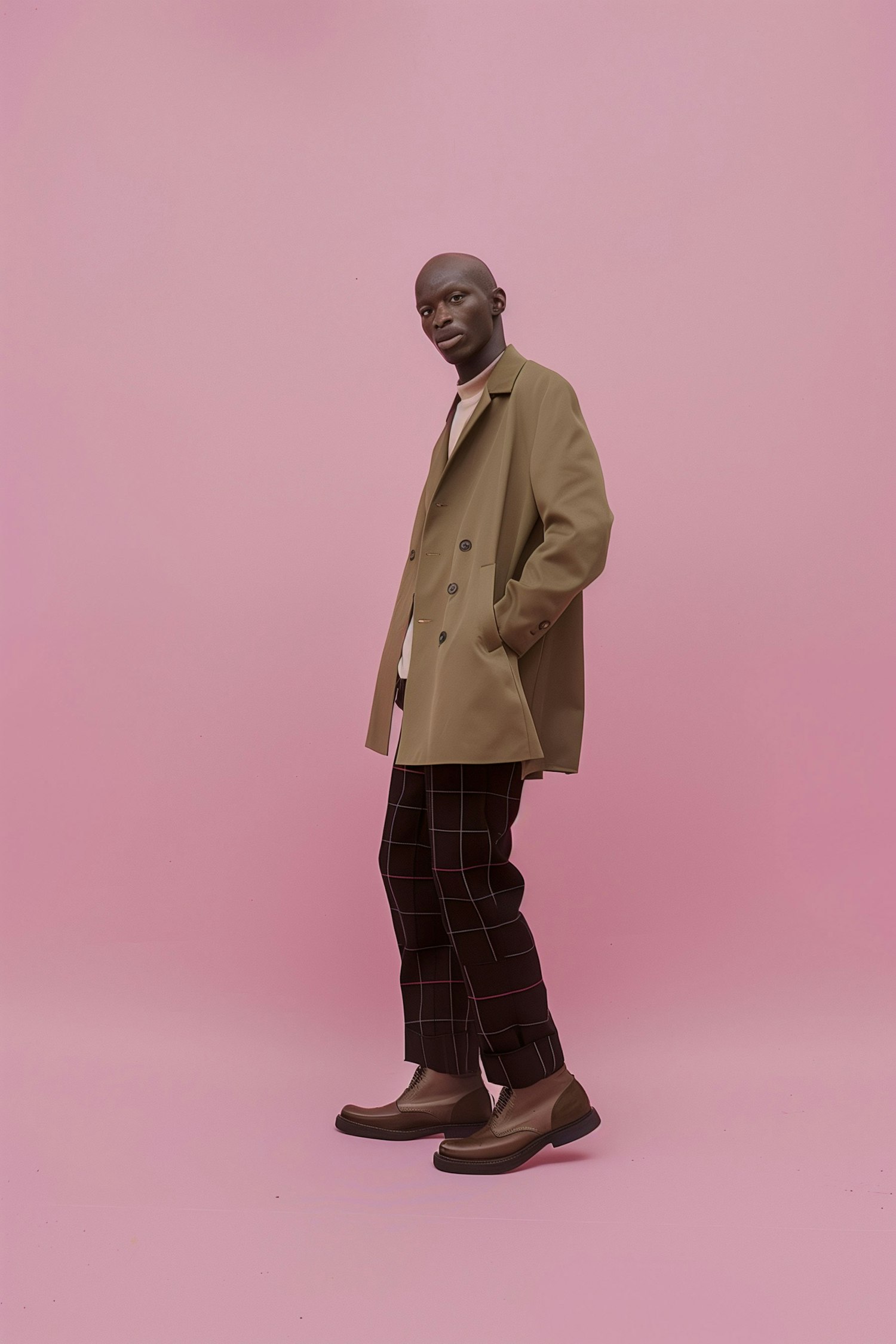 Fashionable Bald Black Man in Pastel Setting