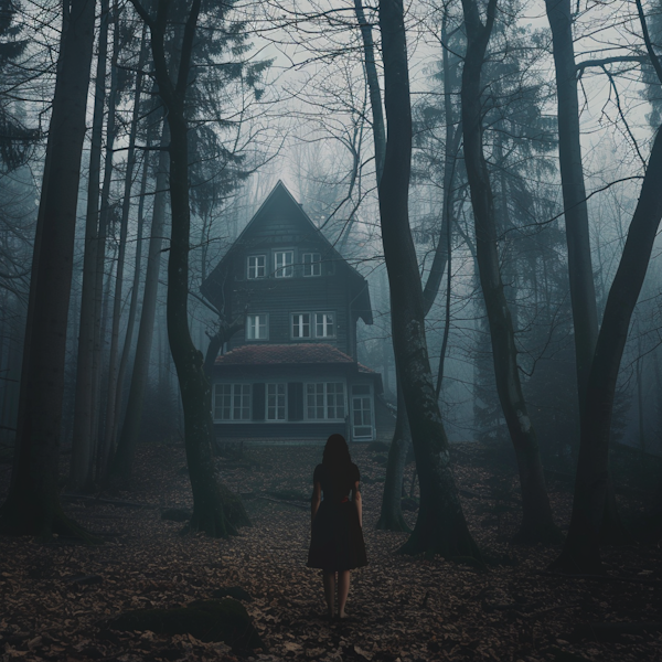 Mysterious Woman in Foggy Forest