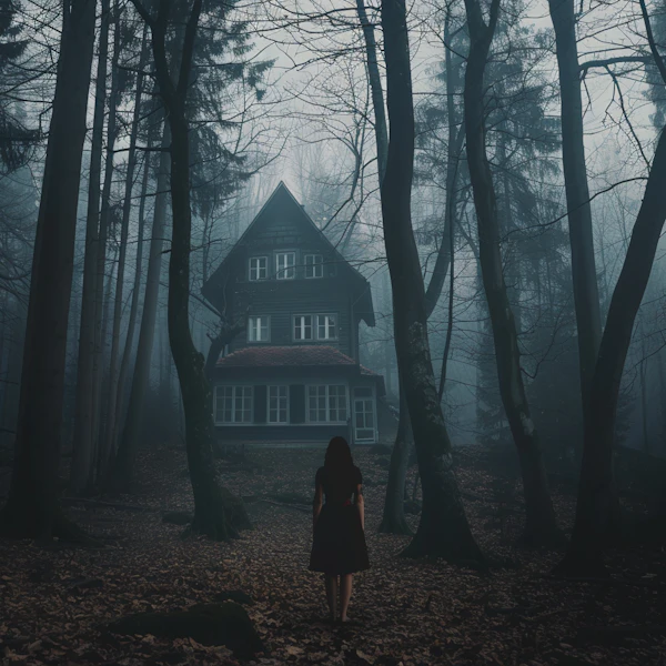 Mysterious Woman in Foggy Forest