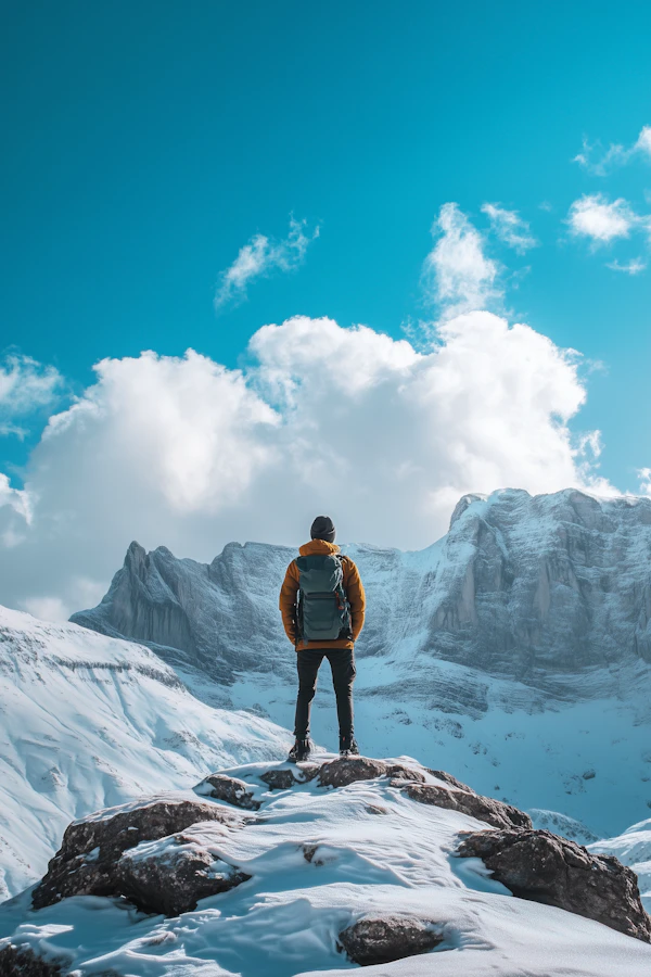 Lone Hiker in Snowy Mountains