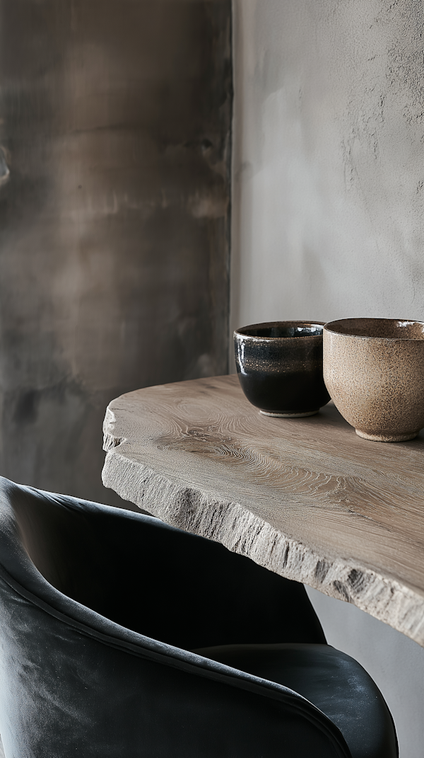 Rustic Wooden Table with Ceramic Bowls