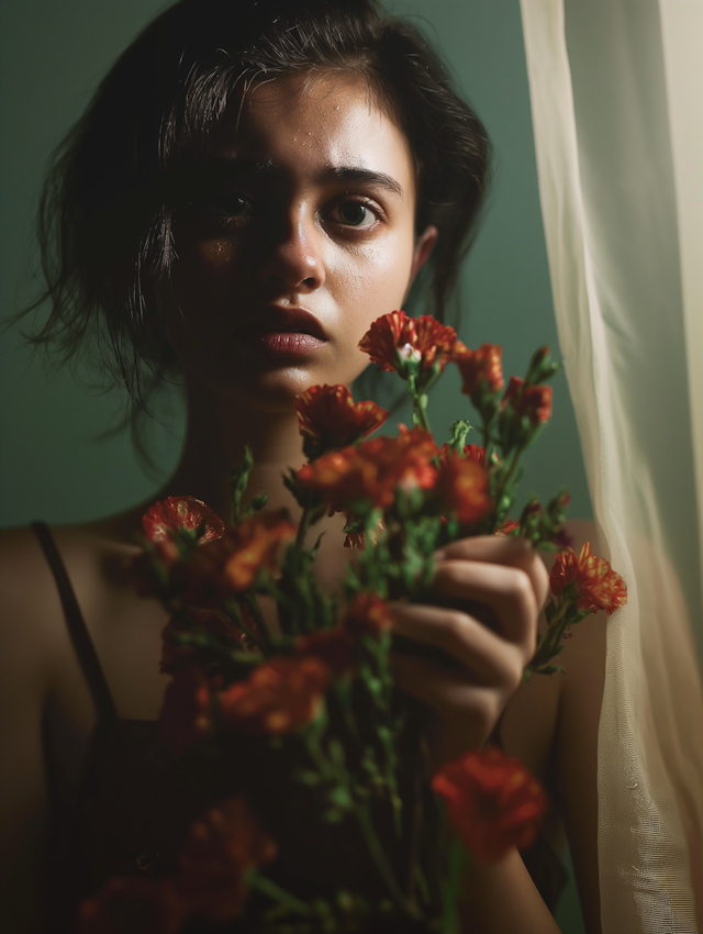 Contemplative Woman with Red Flowers