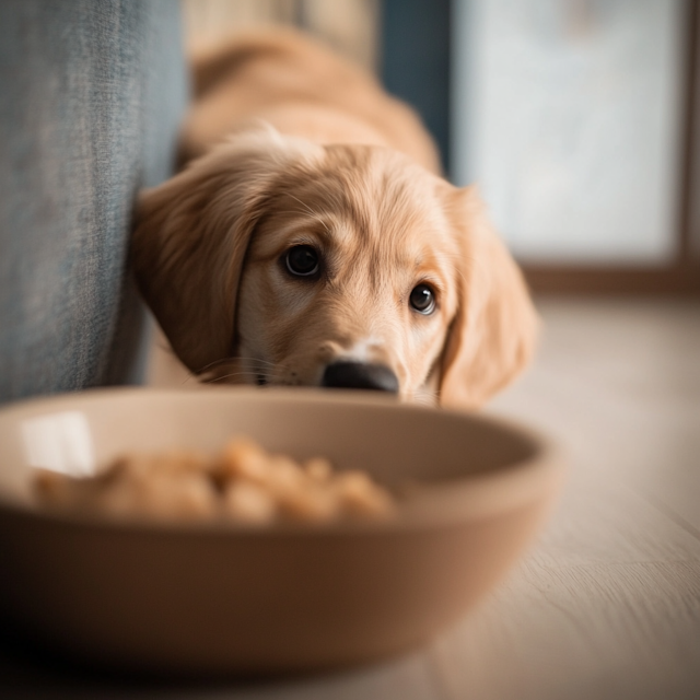 Golden Retriever Puppy with Food Bowl