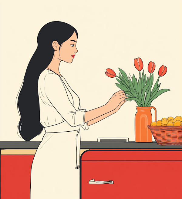 Woman Arranging Tulips Illustration