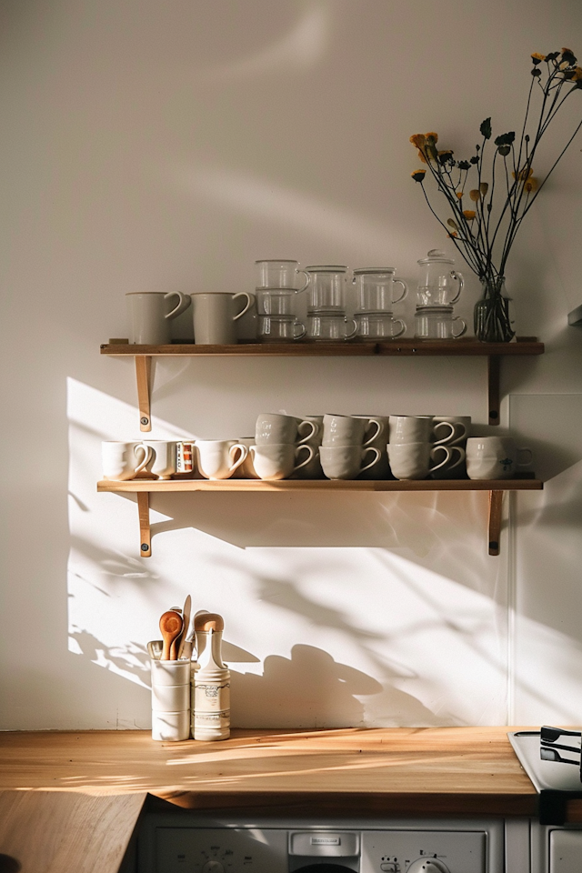 Tranquil Modern Kitchen Shelf Arrangement