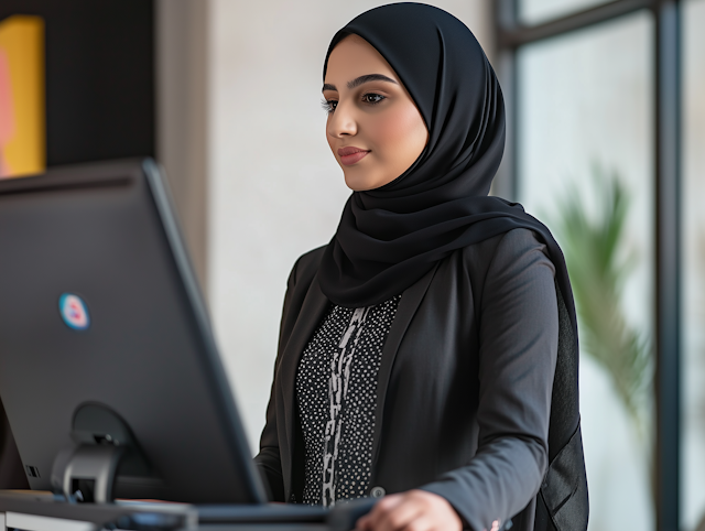 Woman in Black Hijab Working at Computer