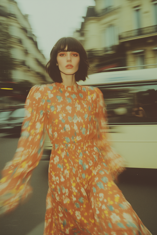 Woman in Floral Dress on City Street