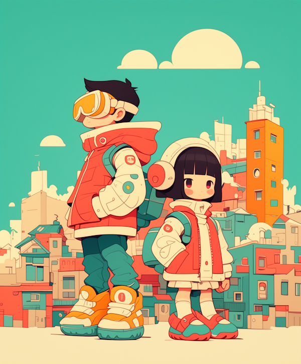 Animated Duo in Futuristic Cityscape