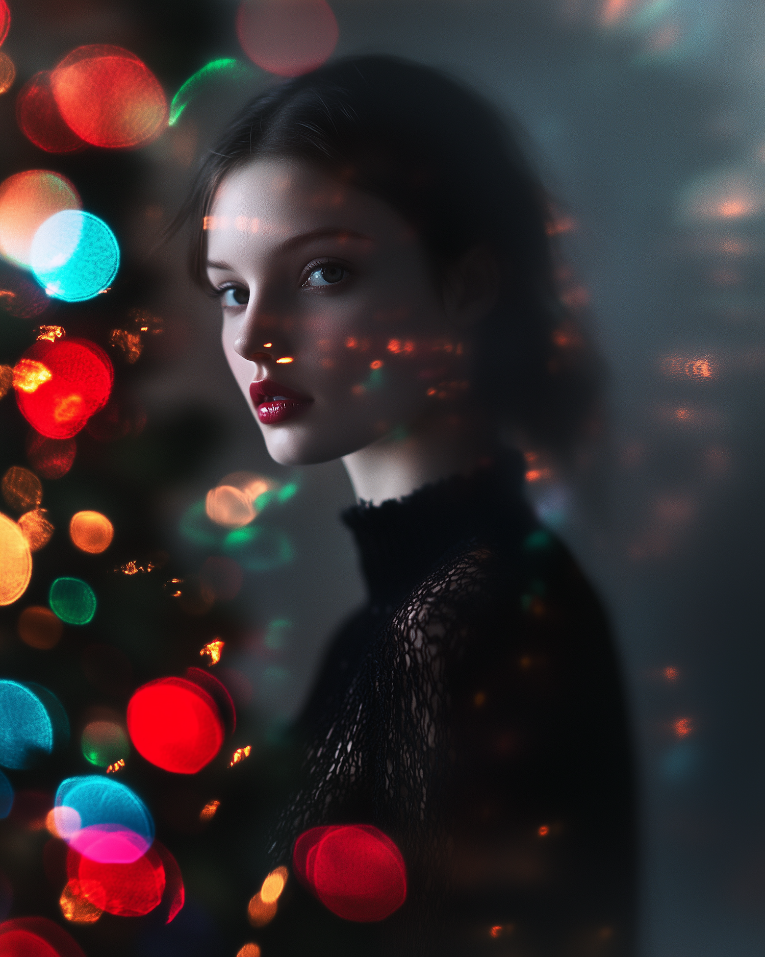 Serene Woman with Bokeh Lights