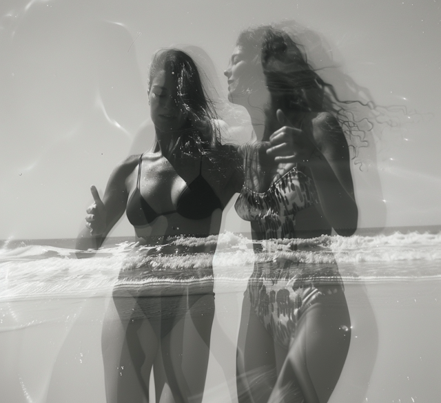 Double Exposure of Women in Sunlit Surf