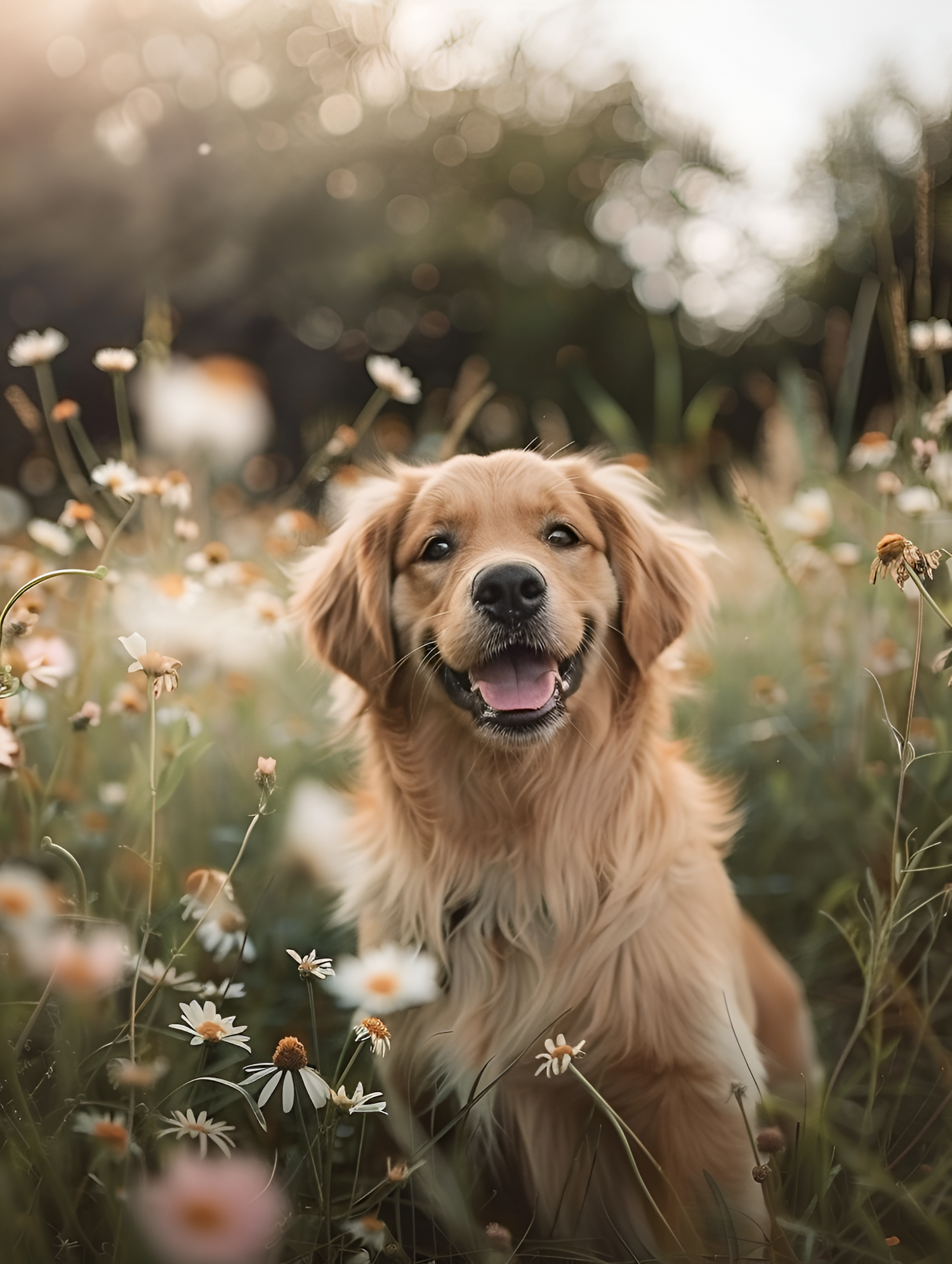 Golden Retriever in Wildflower Field