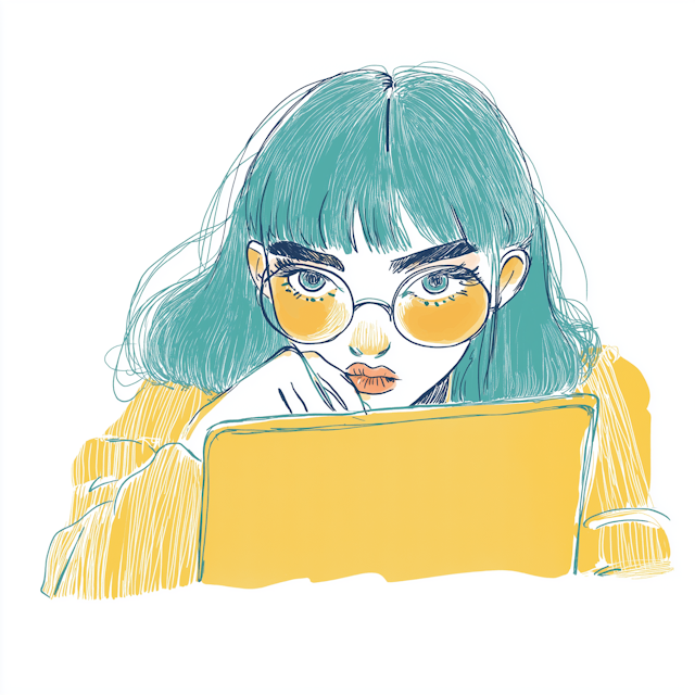 Teal-Haired Person with Yellow Laptop