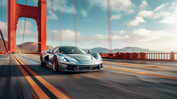 Speeding Silver Sports Car on Suspension Bridge