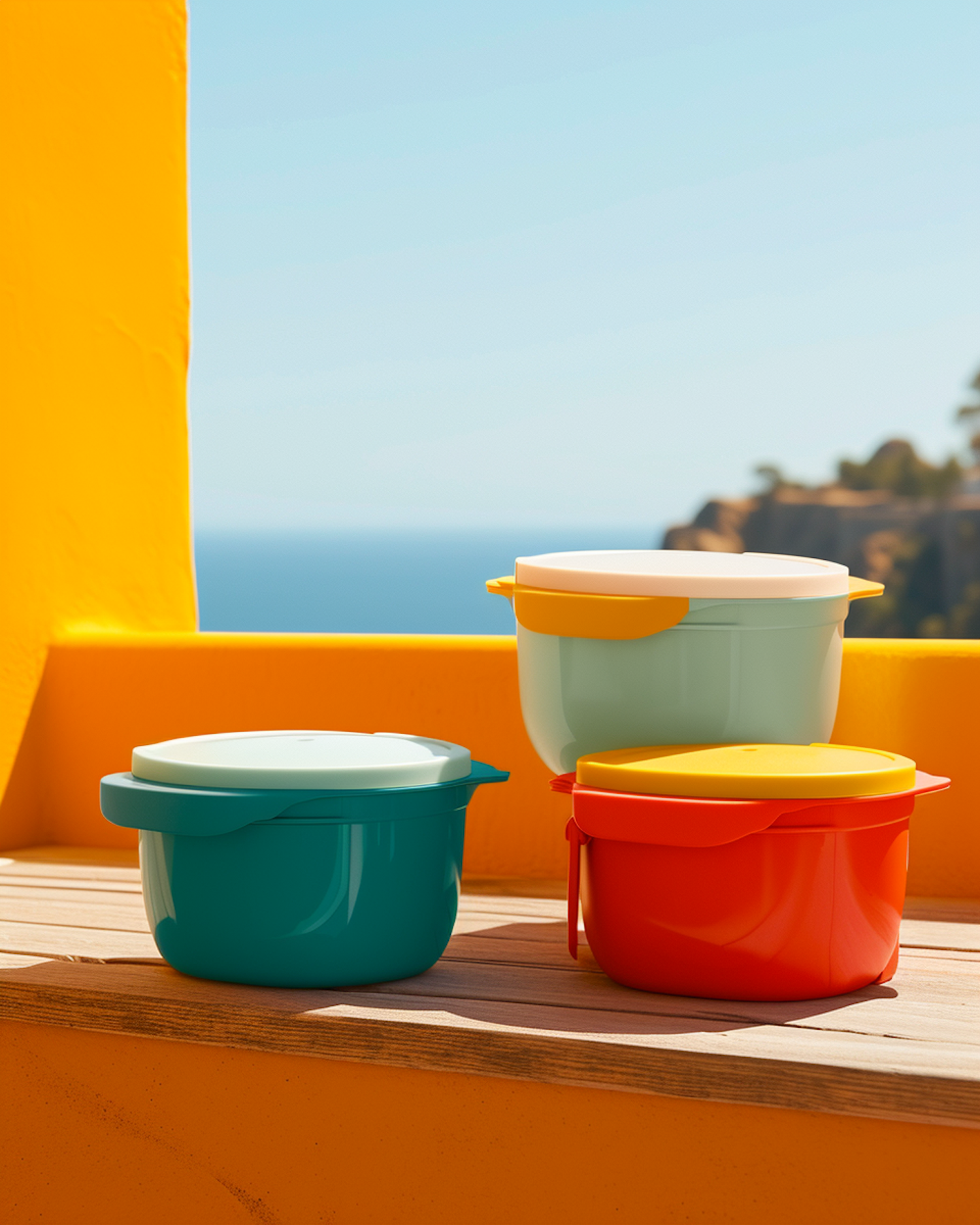 Colorful Food Storage Containers on Wooden Surface