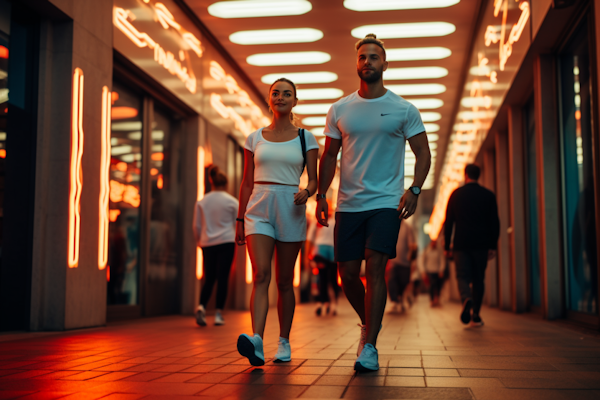 Athletic Duo on a Neon-Lit City Stroll