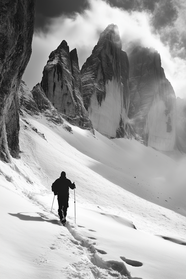 Solitary Trekker in Snowy Mountains