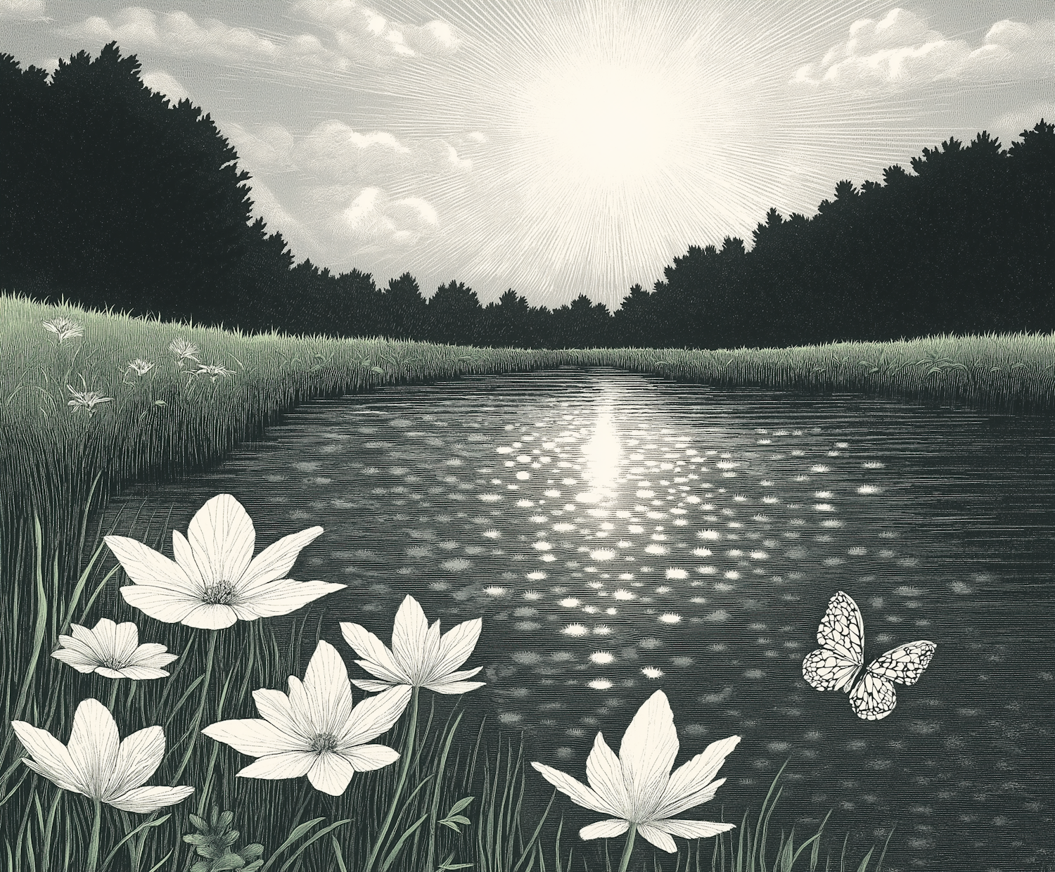 Serene River Scene with Daisies and Butterfly