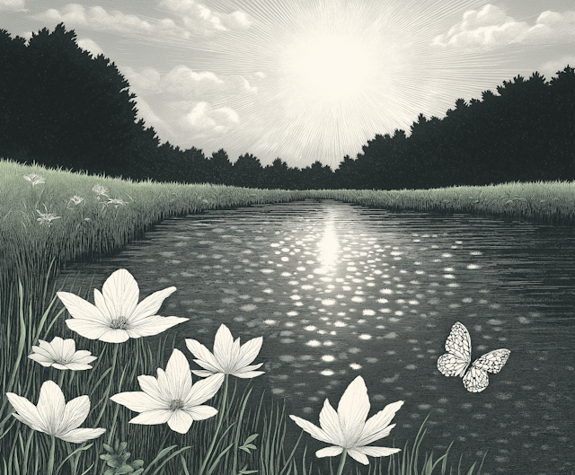 Serene River Scene with Daisies and Butterfly