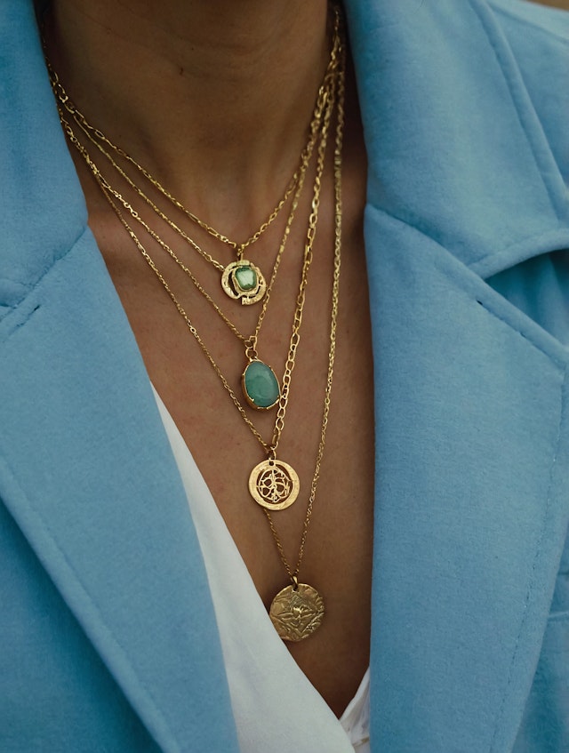 Layered Gold Necklaces with Turquoise Pendant