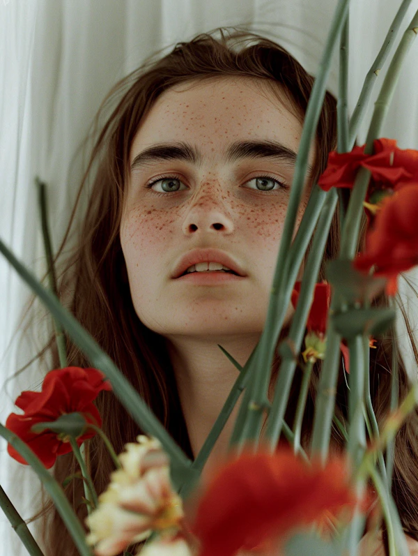Portrait of a Freckled Woman with Flowers